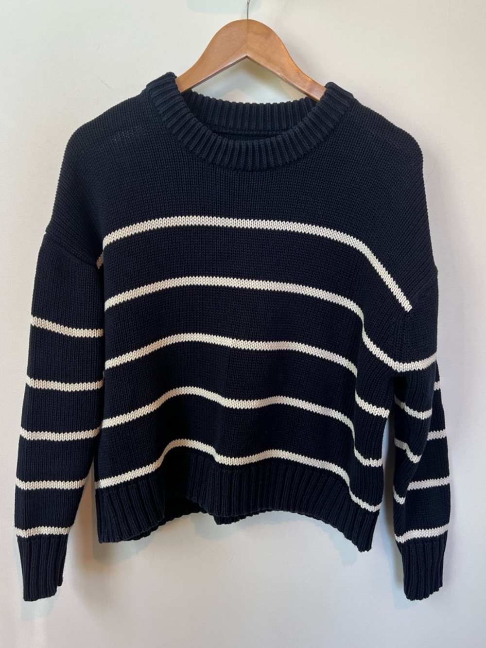 Quince Navy and White Striped Crewneck Sweater